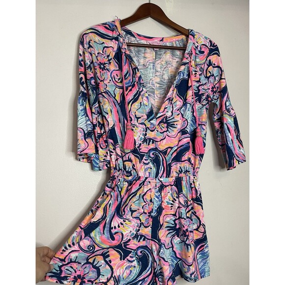 Lilly Pulitzer Womens XXS Blue Pink Romper Elastic Waist Bell Short Sleeve VNeck - Picture 5 of 11